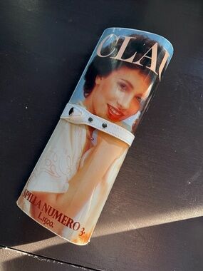 Vintage Magazine Cover Print Clutch in White and Blue